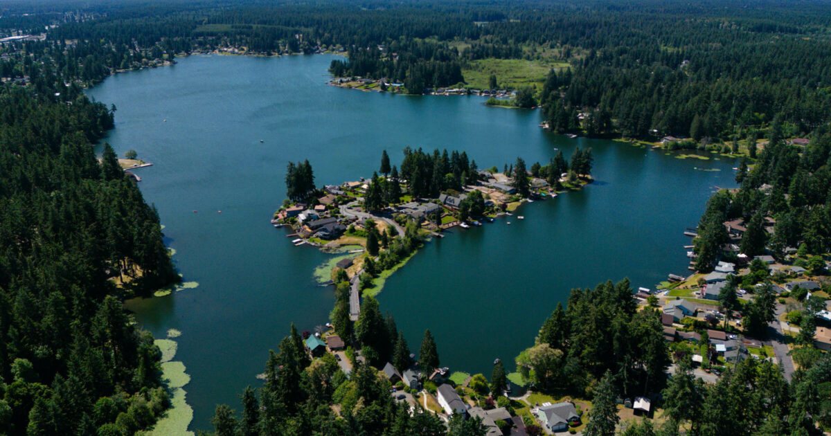 Aerial view of Spanaway Lake on a summer day, the tree-lined peninsula of lakefront homes reaching into dark blue water