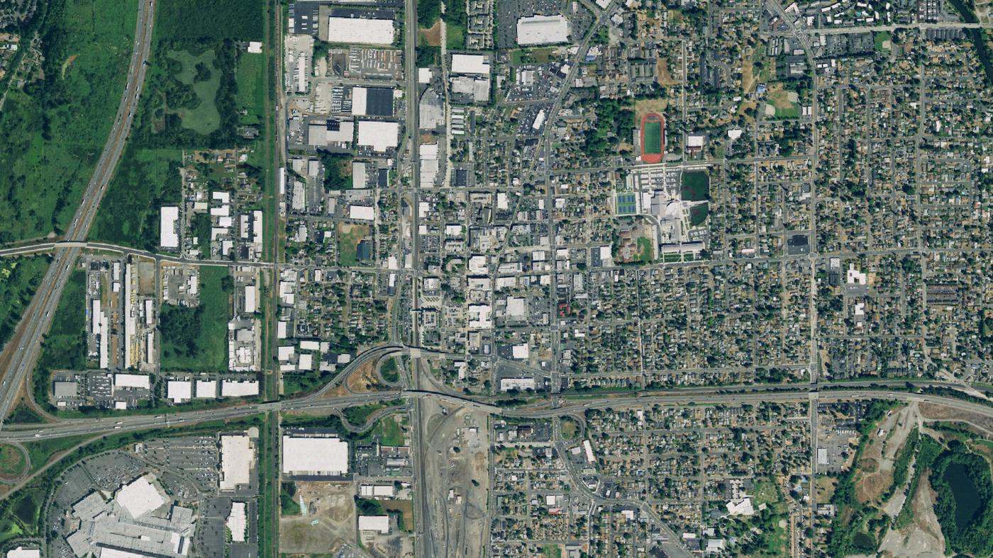 Aerial view of Auburn's street grid and road network