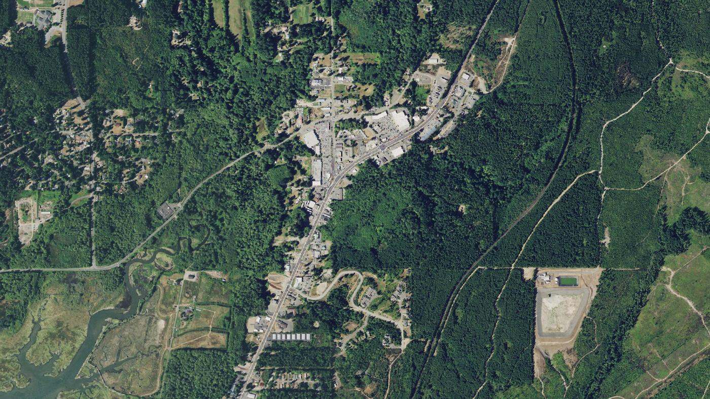 Aerial view of Belfair's street grid and road network