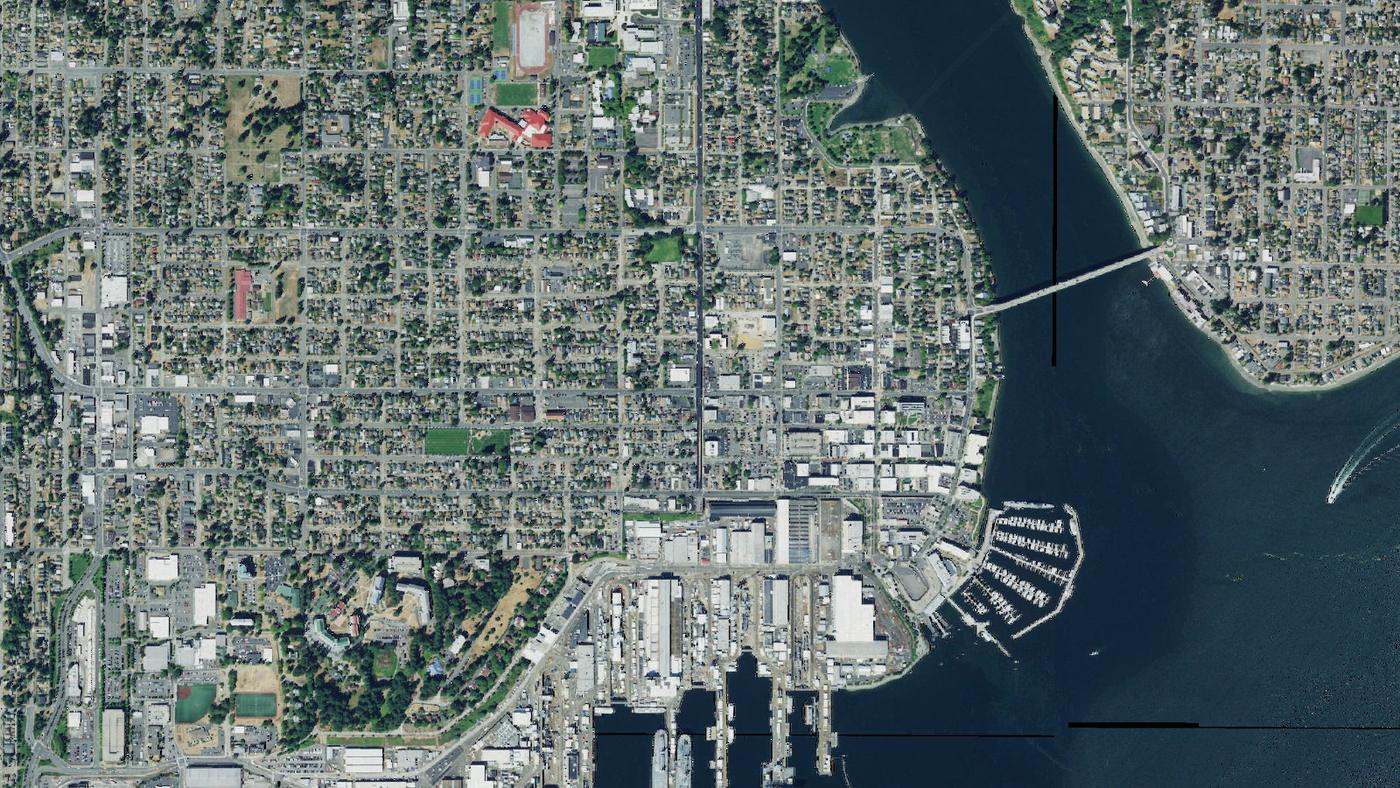 Aerial view of Bremerton's street grid and road network