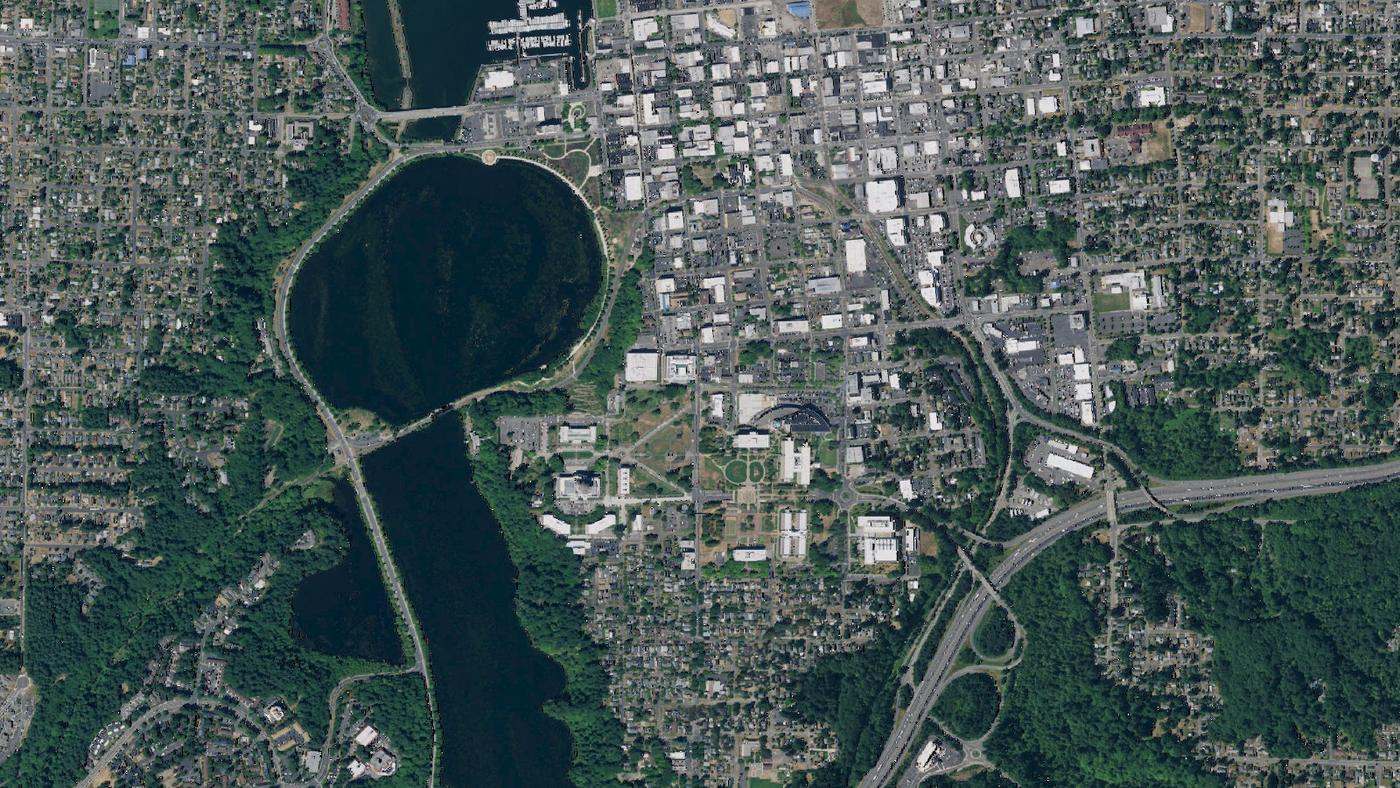 Aerial view of Olympia's street grid and road network