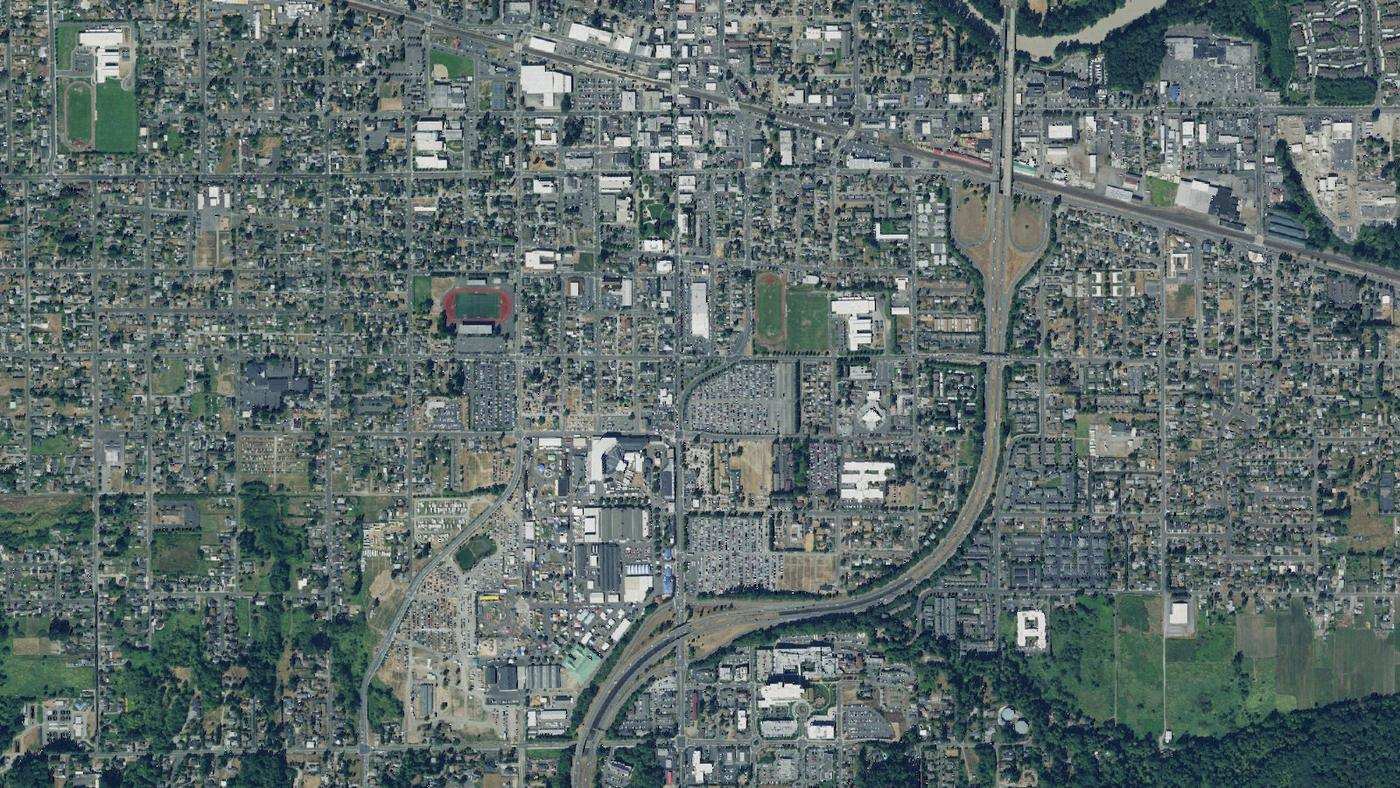 Aerial view of Puyallup's street grid and road network