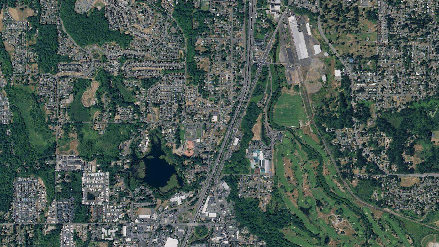 Aerial view of Tumwater's street grid and road network