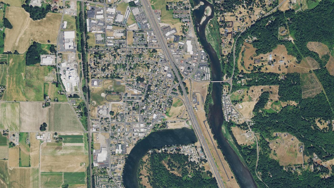 Aerial view of Woodland's street grid and road network
