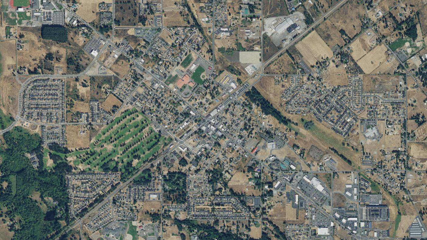 Aerial view of Yelm's street grid and road network