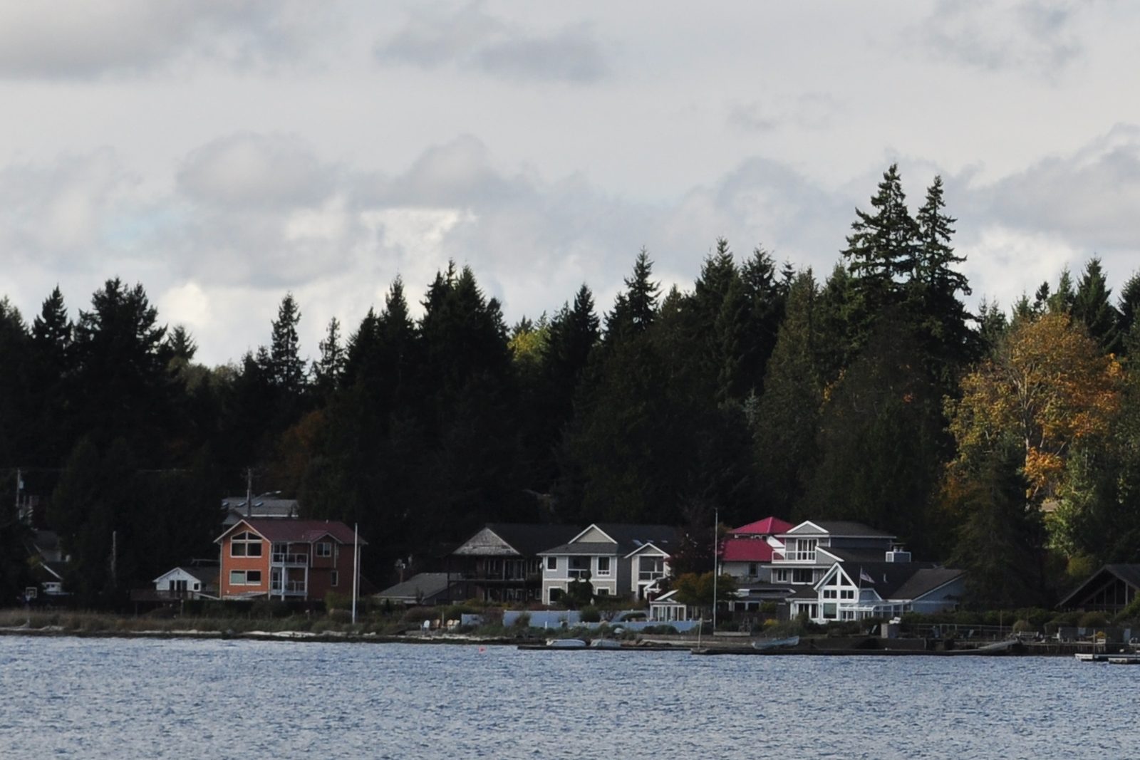 Waterfront homes with gabled rooflines, decks, and private docks on the shore of Appletree Cove in Kingston, Washington, under the firs