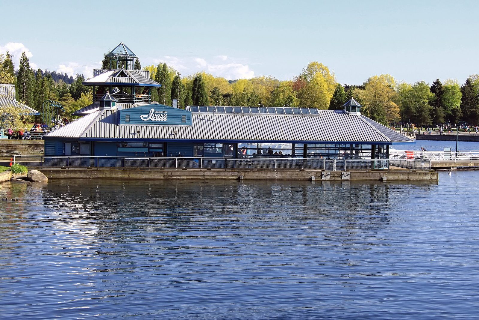 The waterfront pavilion at Gene Coulon Memorial Beach Park on Lake Washington in Renton