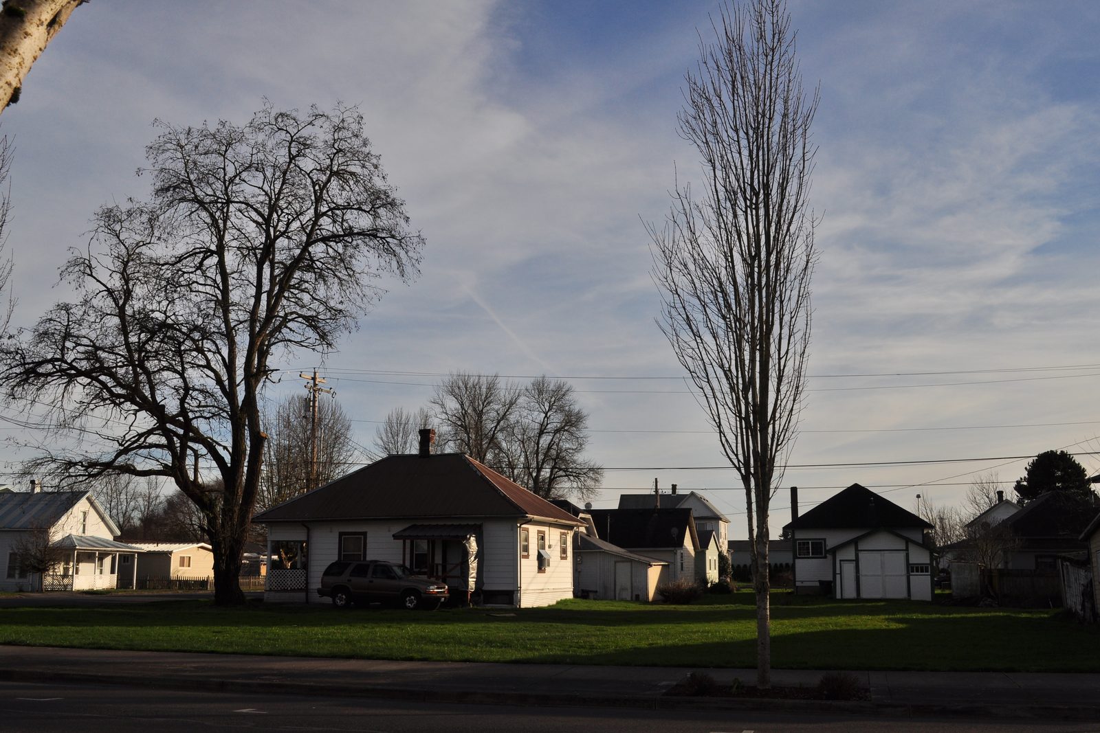 Modest single-story homes on a flat old-town block in Woodland, Washington